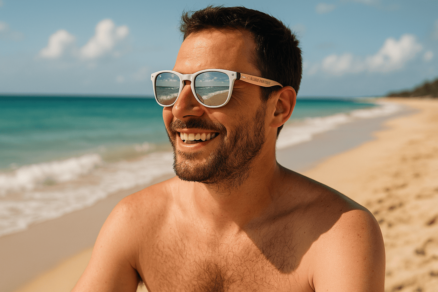 Homme portant des lunettes de soleil sur la plage
